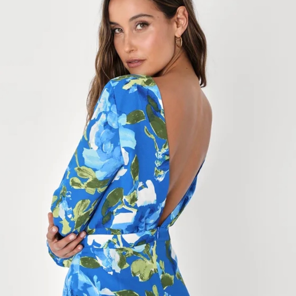 Lulus Sweetest Song Blue Floral Print Backless Long Sleeve Romper
